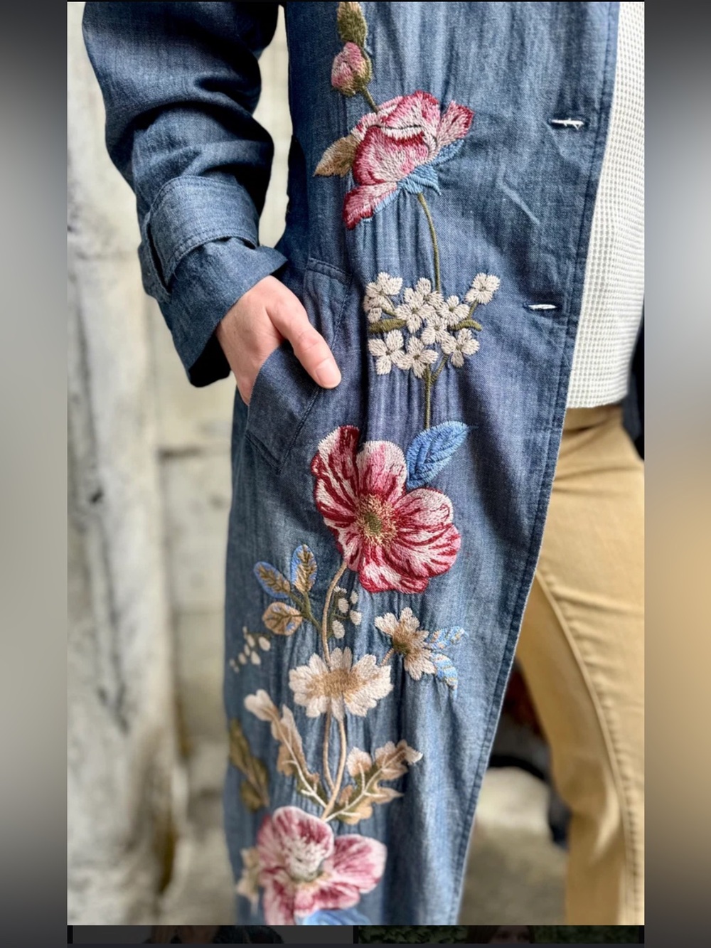 Johnny Was Blue Chambray Denim Dress-Trench Coat with Multicolor Floral Embroide
